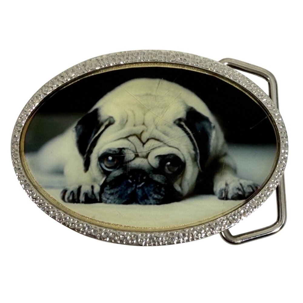 Vintage Pug Dog Oval Belt Buckle w/ Silver Tone Hammered Metal Trim 2.85" x 2"